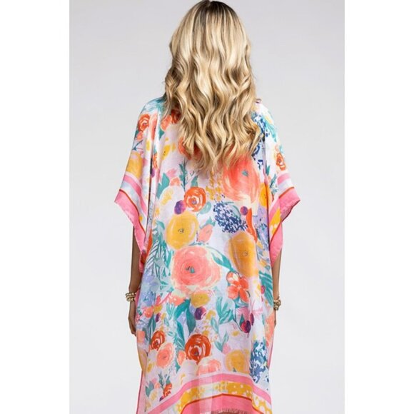 Pink Floral Print Contrast Border Spring Summer Kimono Open Wrap Coverup Top - Picture 4 of 5